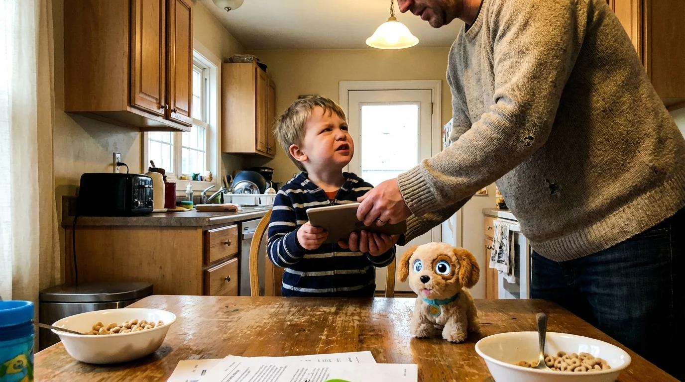Parent and child at a kitchen table: parent gently taking a tablet away while the child looks frustrated; shows conflict around devices; warm indoor lighting, candid family moment, realistic photo