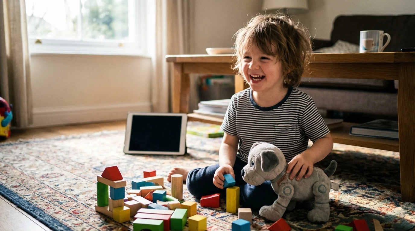 Happy child sitting on a living room rug laughing and clapping hands during active play, building blocks and crayons scattered around, tablet lies face-down on a nearby table; bright uplifting mood; natural light, lifestyle photography