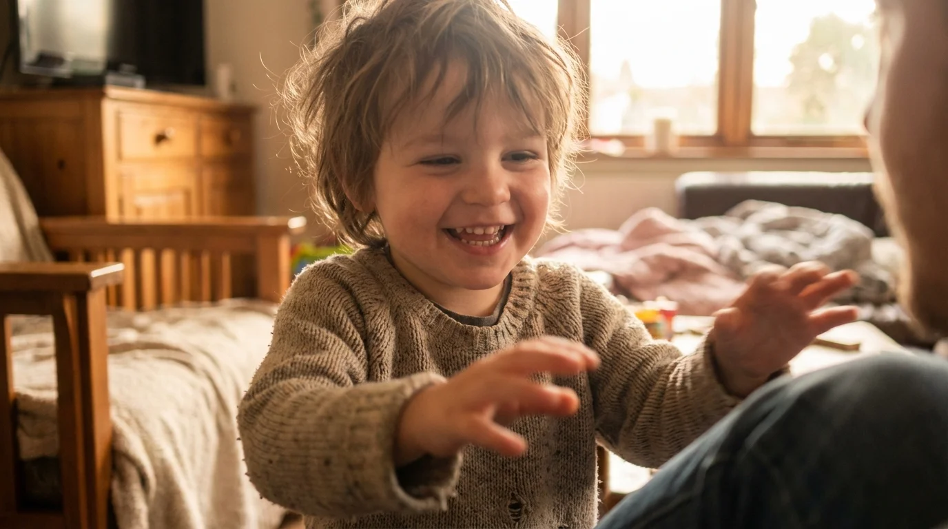 Close-up of a child's face beaming with joy and wonder, eyes wide with excitement, hands together in delight; warm golden hour lighting, shallow depth of field, cozy living room background